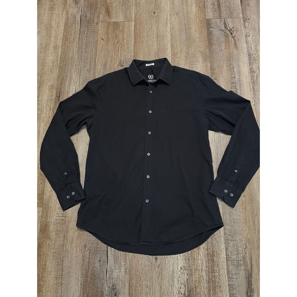 Bugatchi Uomo Men's Long Sleeve Button-Up Shirt Black Shaped Fit Large Cotton